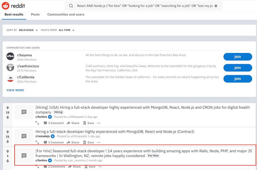 Reddit for hire developers search